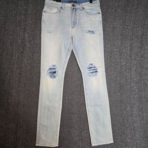 Monfrere Greyson Skinny Moto Jeans Mens 34 x 33 Blue Distress Vintage Wash